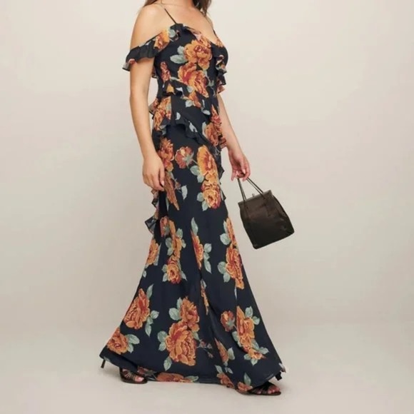 new Reformation Elysia floral print ruffle cascading gown in black orange - Picture 3 of 9